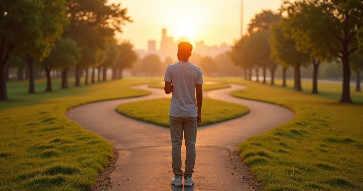 Pessoa refletindo diante de encruzilhada com vários caminhos emocionais 
