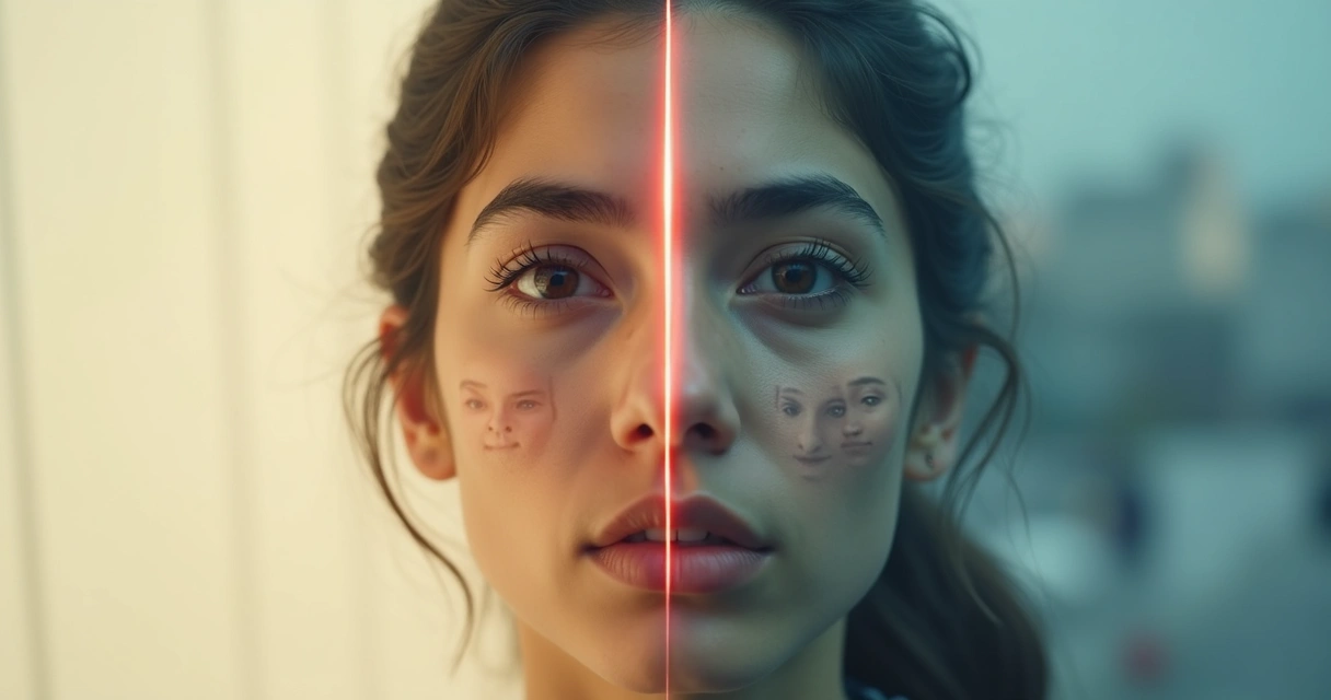 Rosto dividido entre clareza emocional e ilusão social 