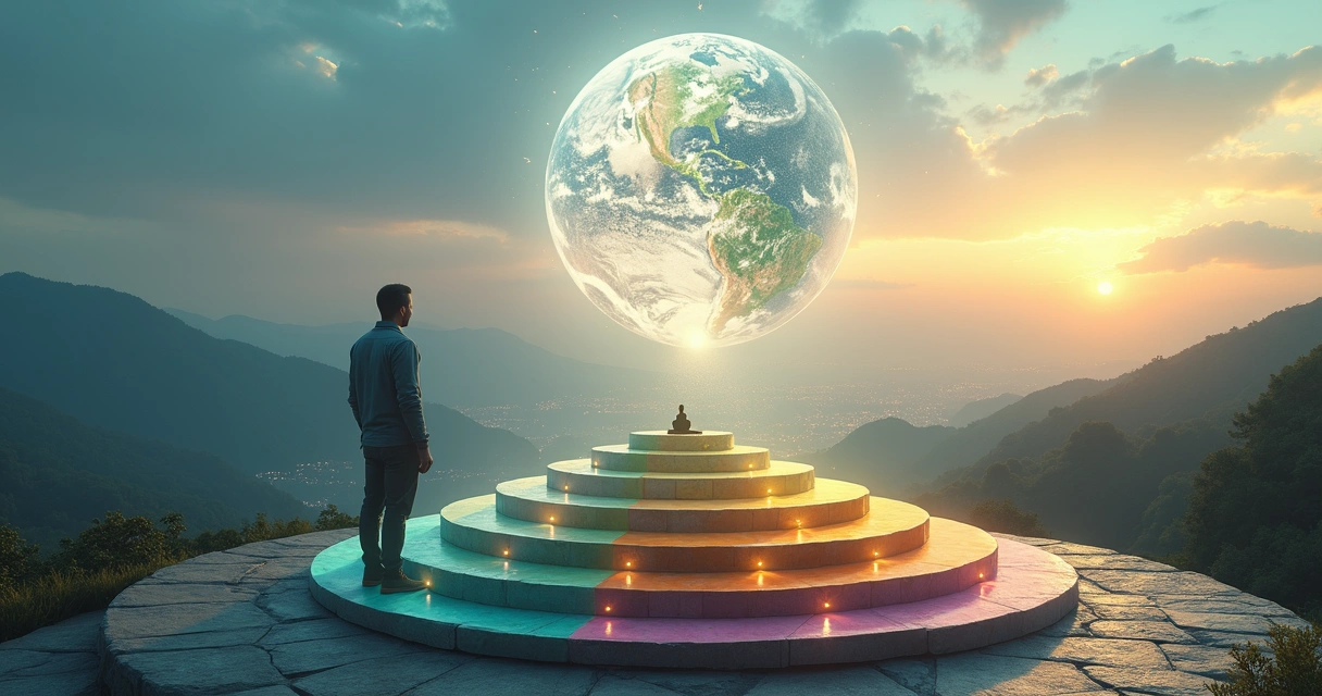 Caminho em seis etapas conectando pessoa e planeta em conceito de amadurecimento global 