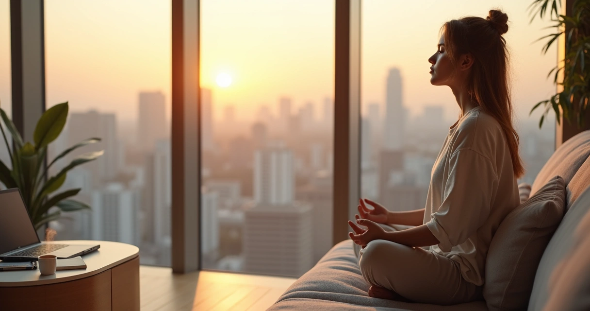 Pessoa sentada em meditação em apartamento moderno ao amanhecer 