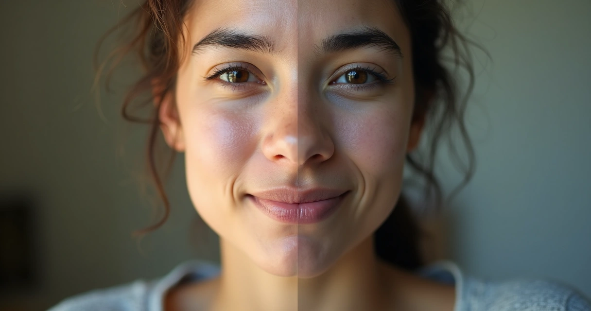 Rosto dividido mostrando contraste entre amadurecimento emocional e controle emocional rígido 