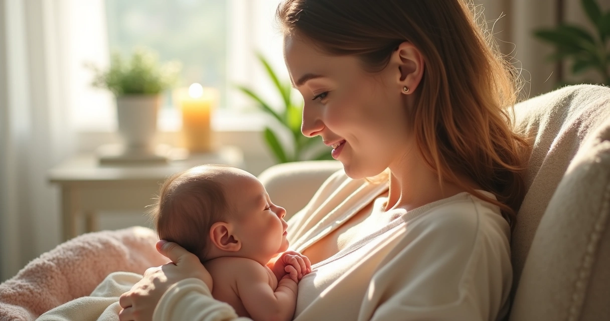 Mãe amamentando recém-nascido em ambiente tranquilo