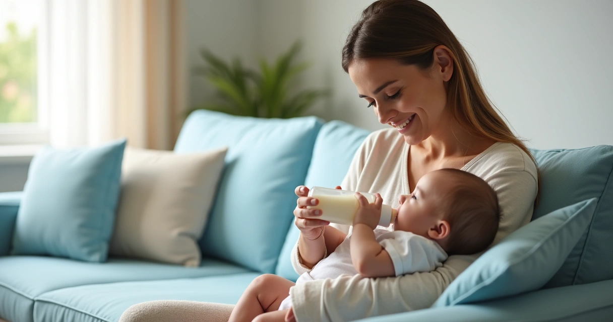 Mãe oferecendo mamadeira ao bebê próximo ao peito 