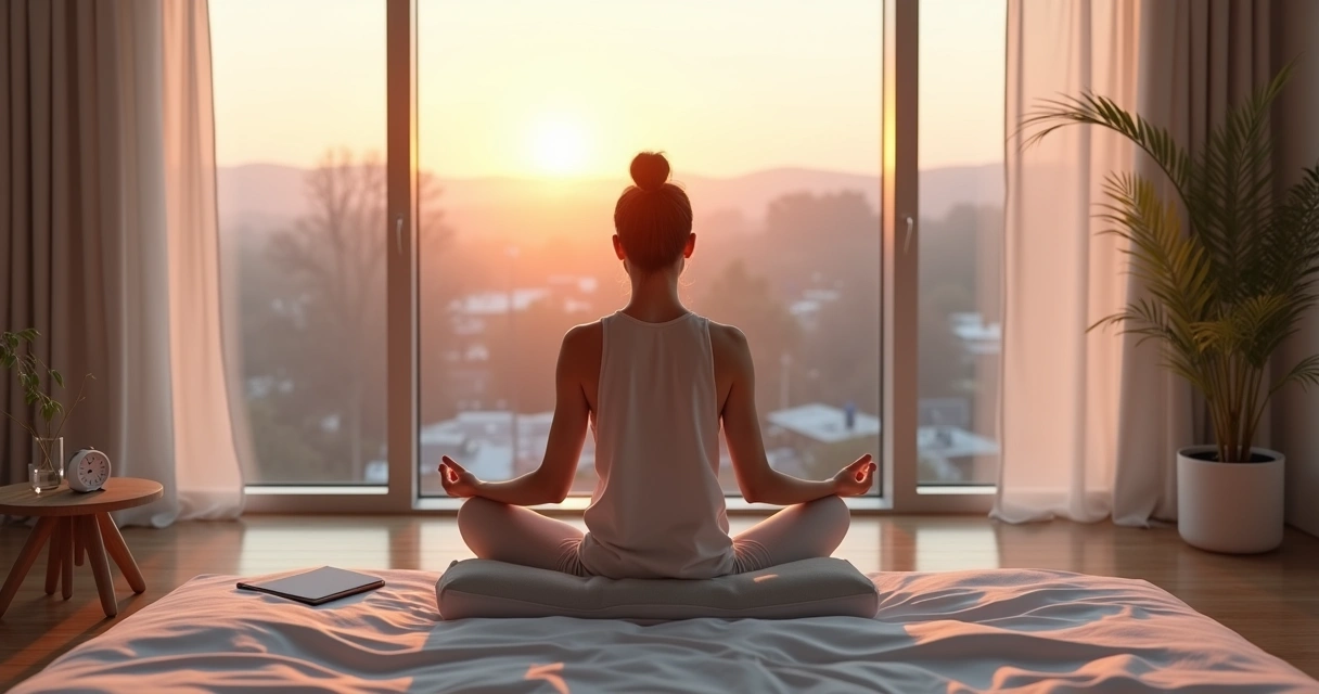 Persona meditando al amanecer frente a una ventana luminosa 