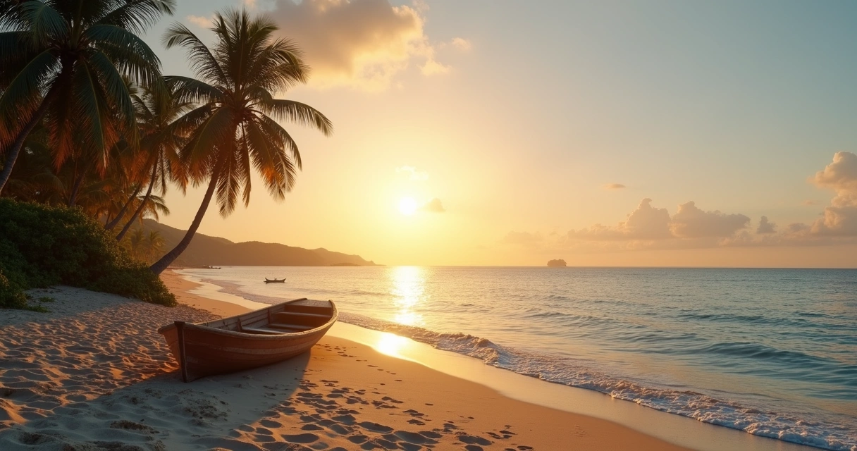 Amanhecer em praia deserta de Boipeba, coqueiros e mar calmo