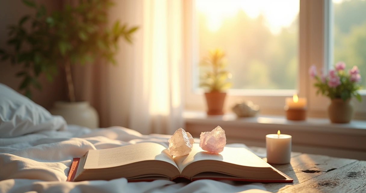 Luz do amanhecer entrando por uma janela, destacando um canto de oração em tons suaves. 