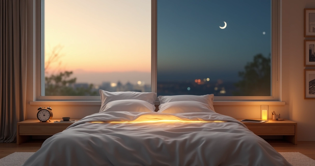 Quarto com janelas mostrando amanhecer e noite representando sono consciente 