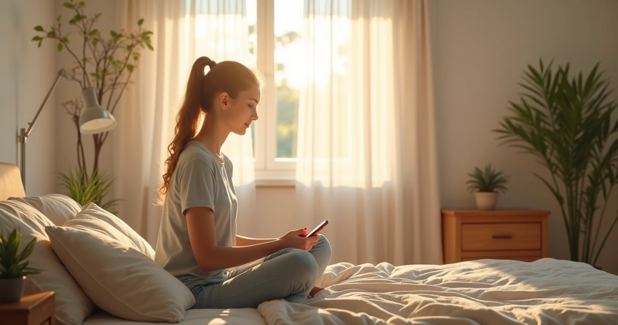 Pessoa sentada na cama ao amanhecer em quarto com luz suave
