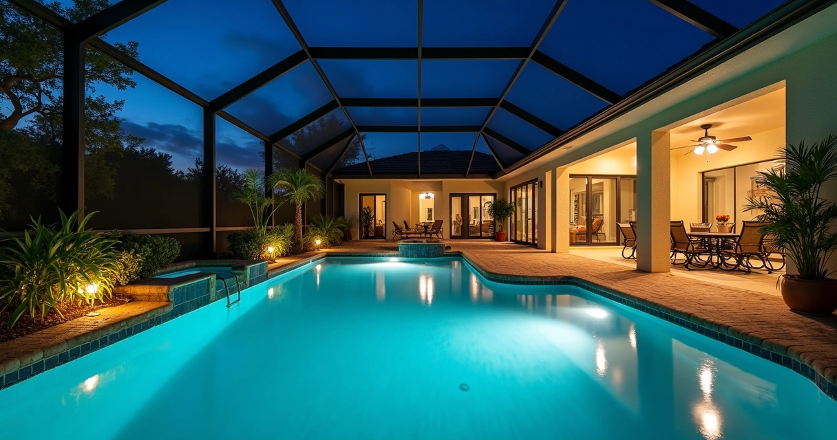 Illuminated pool at night under a screened enclosure with pathway, dining, and accent lighting