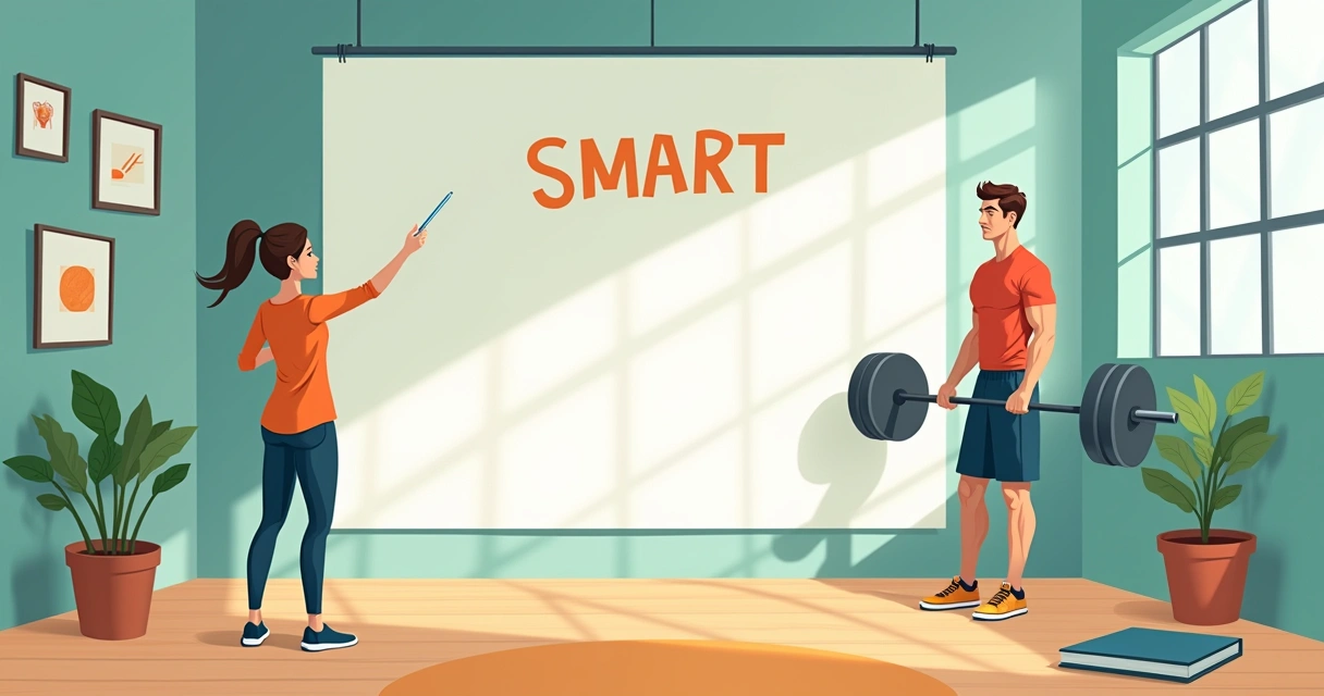 Ambiente de academia com mulher anotando metas e homem levantando pesos, simbolizando objetivos de fitness.