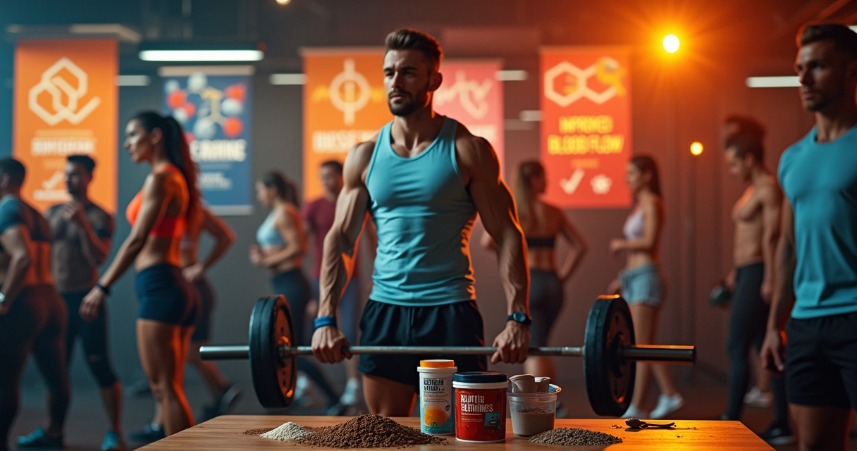 Ambiente vibrante de academia com pessoas energéticas levantando pesos e suplementos pré-treino exibidos.