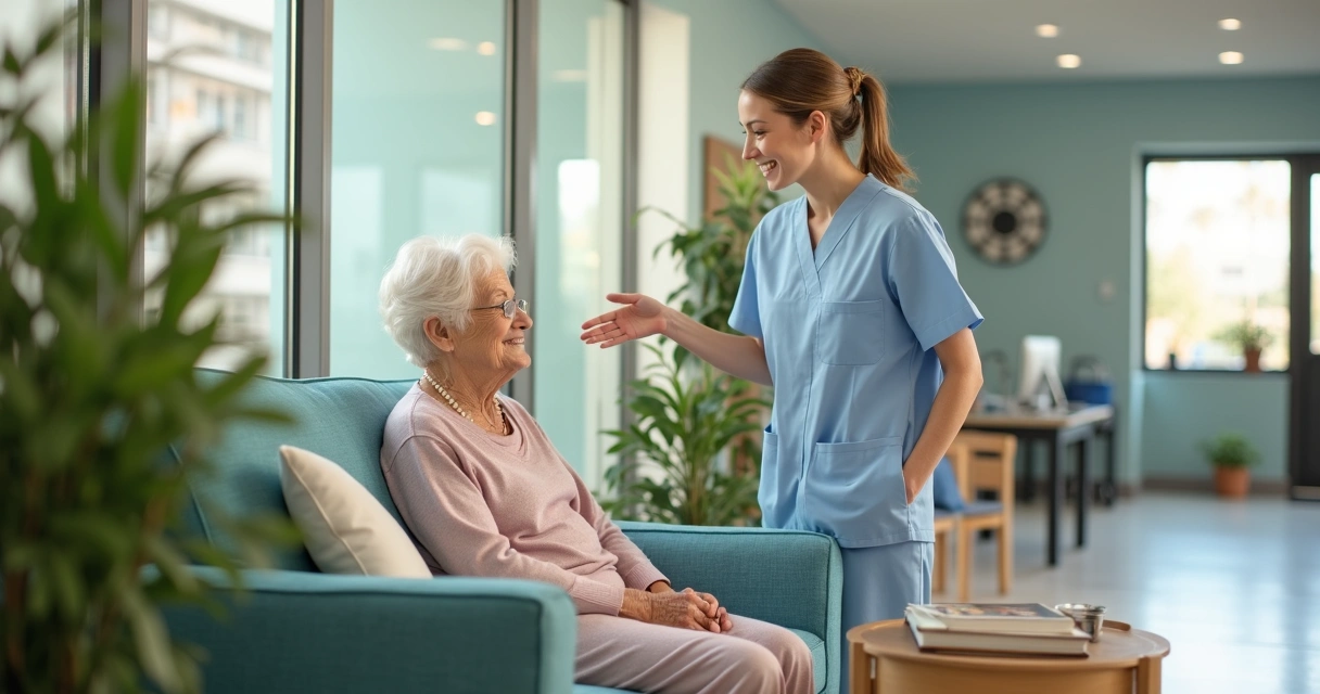 Idoso sorrindo em ambiente acolhedor de clínica médica 