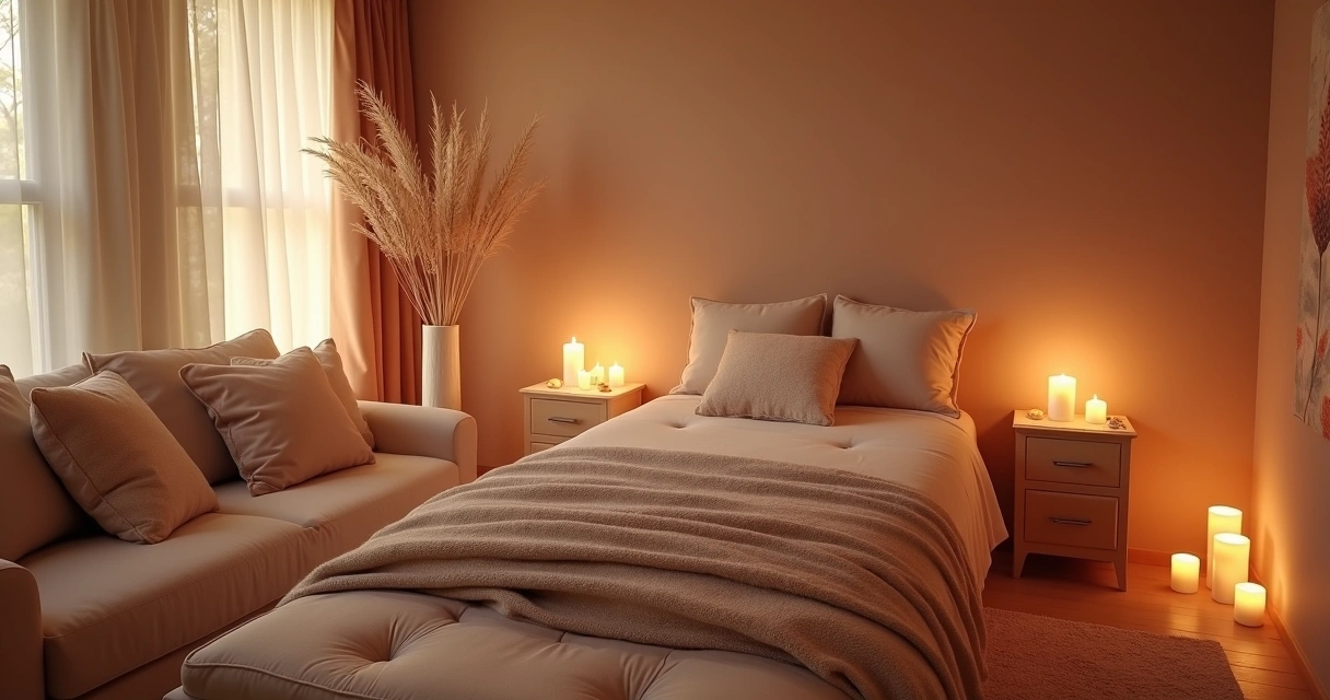 Espaço confortável com luz suave, decoração relaxante e elementos sensoriais como velas e música suave. 