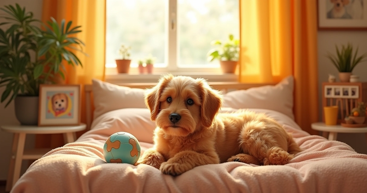 Ambiente aconchegante com uma cachorra caramelo deitada em uma cama, rodeada por brinquedos e suprimentos.