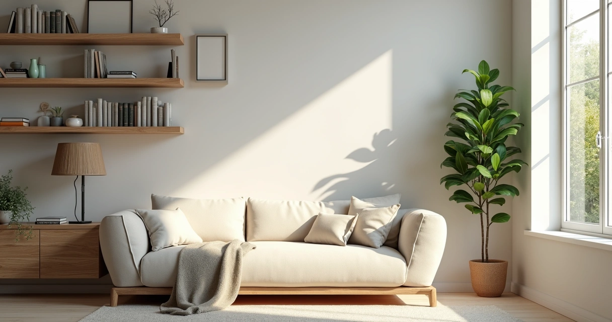 Sala de estar arrumada, livros e planta ao lado da janela. 