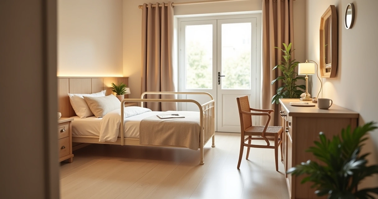 Quarto adaptado para idoso com corrimão, iluminação suave e piso antiderrapante 