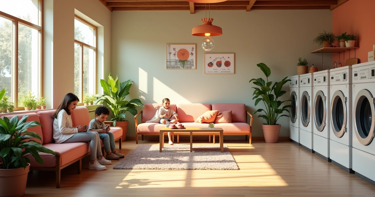 Sala de espera confortável em lavanderia de autoatendimento 