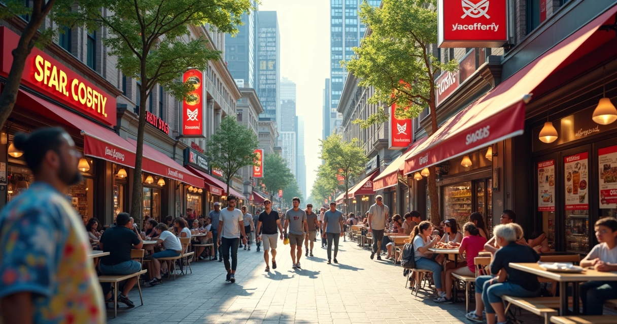 Ambiente urbano na cidade com restaurantes, pessoas comendo em praças 