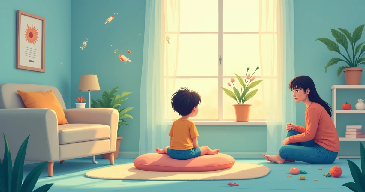 Ambiente acolhedor com uma pessoa autista em reflexão, rodeada de estímulos e suporte, transmitindo empatia.