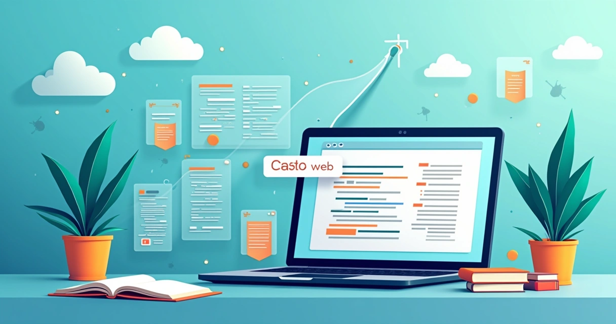 Ilustração de um ambiente de aprendizado digital para desenvolvimento web com laptop, caderno e biblioteca virtual.