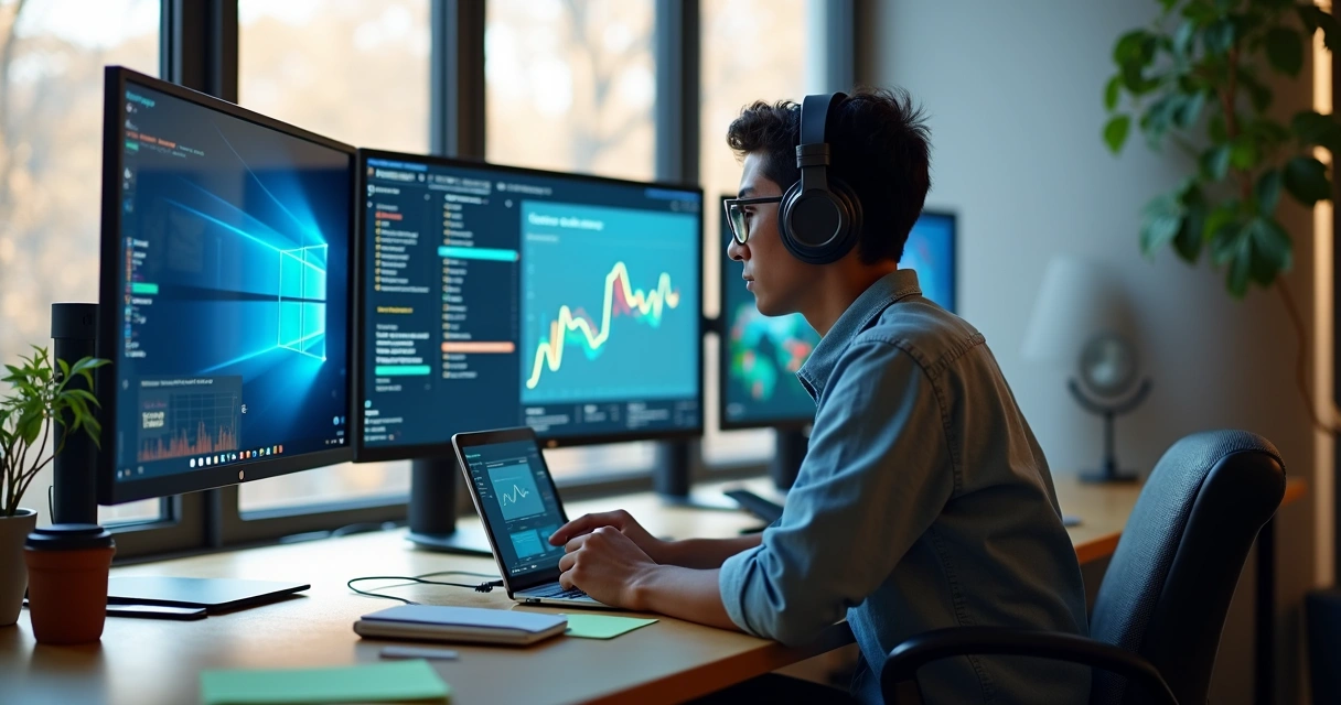 Pessoa estudando em ambiente digital com itens de aprendizado digital 