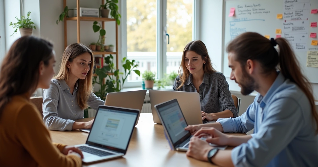 Grupo diverso em ambiente online participando de dinâmica de soft skills 