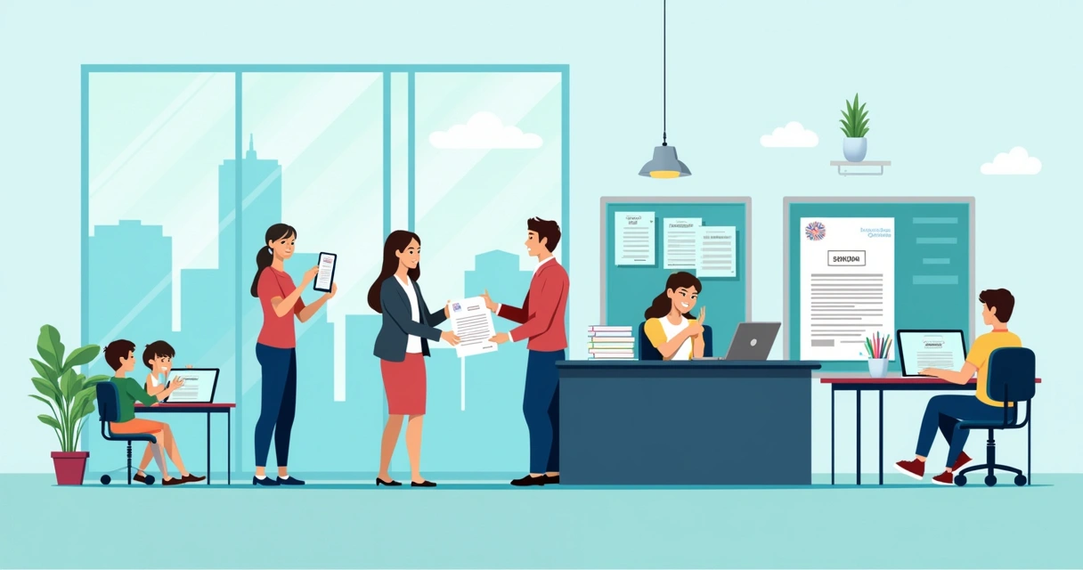 Ambiente de escritório colorido mostrando setores como imobiliário, RH, educação e vendas usando assinatura eletrônica.
