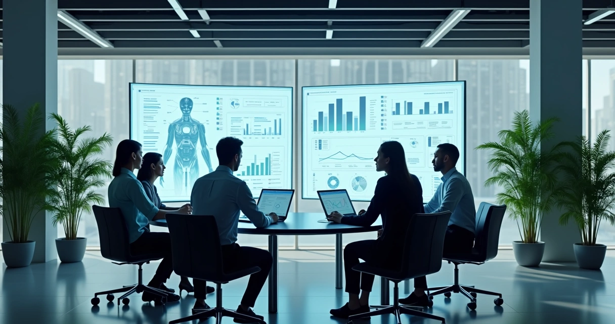 Ambiente de escritório com colaboradores digitais em telas e humanos discutindo tarefas ao redor de uma mesa de reunião 