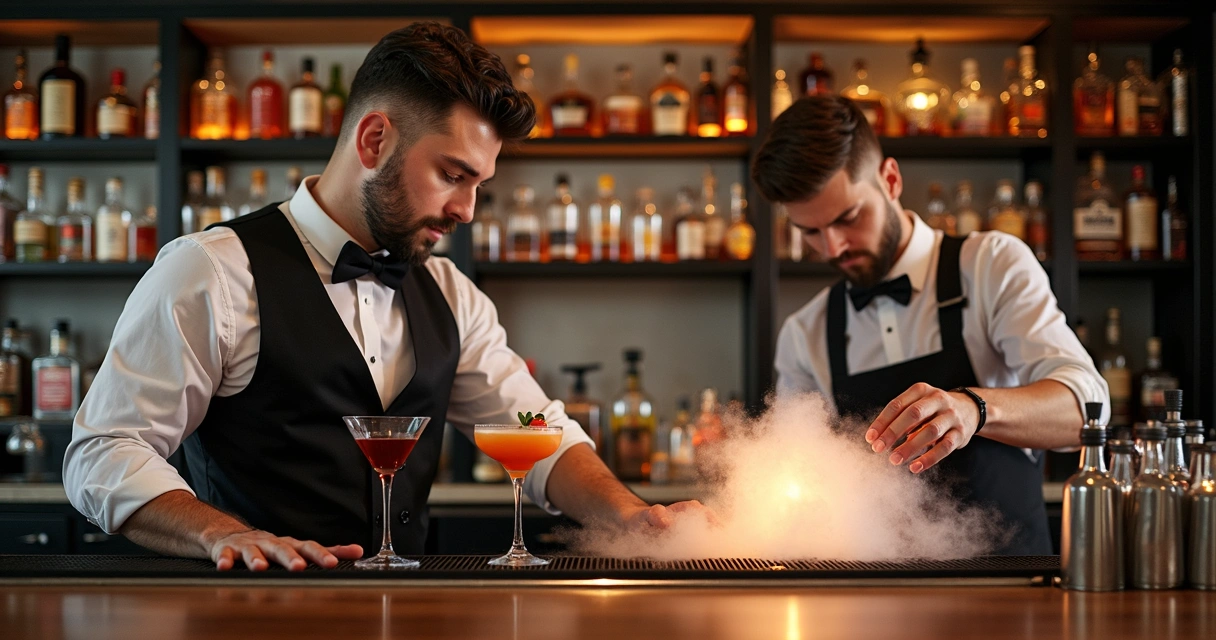 Ambiente de bar com barman e bartender trabalhando juntos 