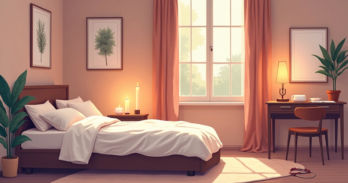 Ambiente acolhedor e seguro preparado para BDSM, com cama, velas, acessórios e iluminação indireta suave 