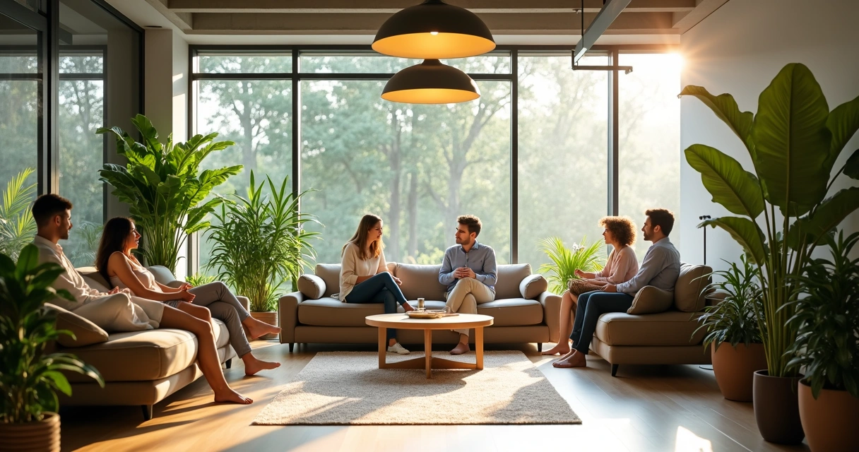 Espaço interno de empresa com plantas, sofá confortável e funcionários relaxando
