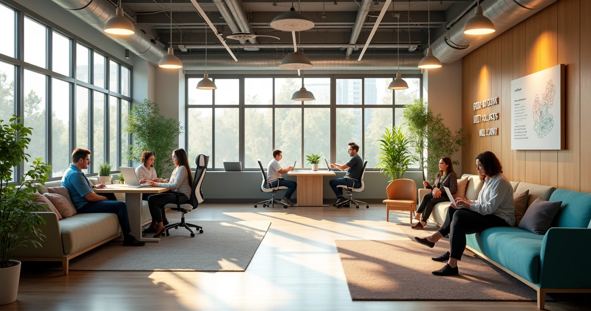 Espaço de trabalho moderno com áreas de descanso, plantas e colaboradores interagindo 