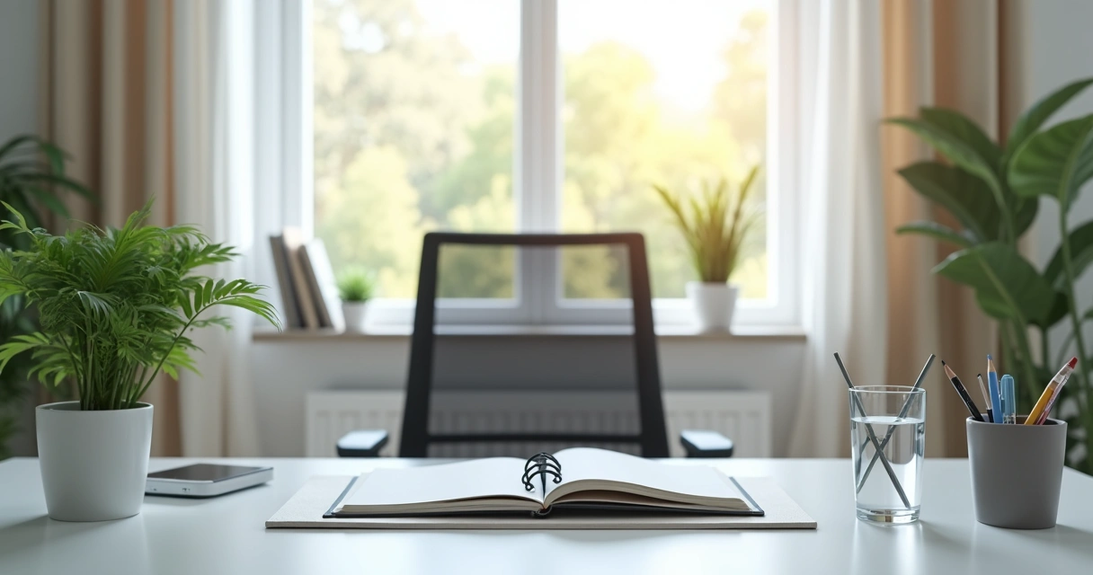 Mesa de trabalho organizada com planta pequena ao lado, luz natural suave e materiais de papelaria alinhados