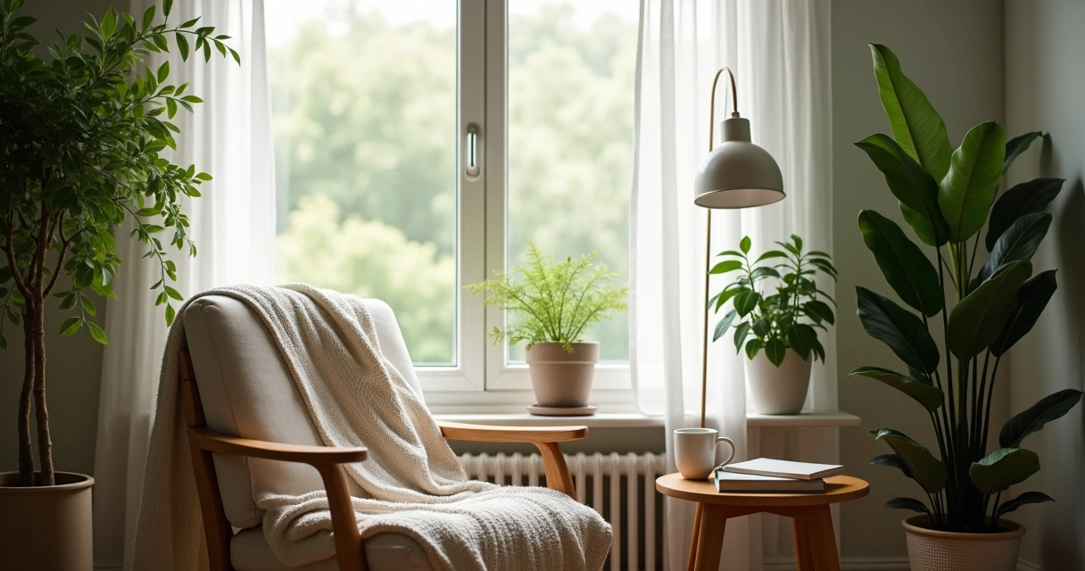 Canto acolhedor com luz suave, planta e livros