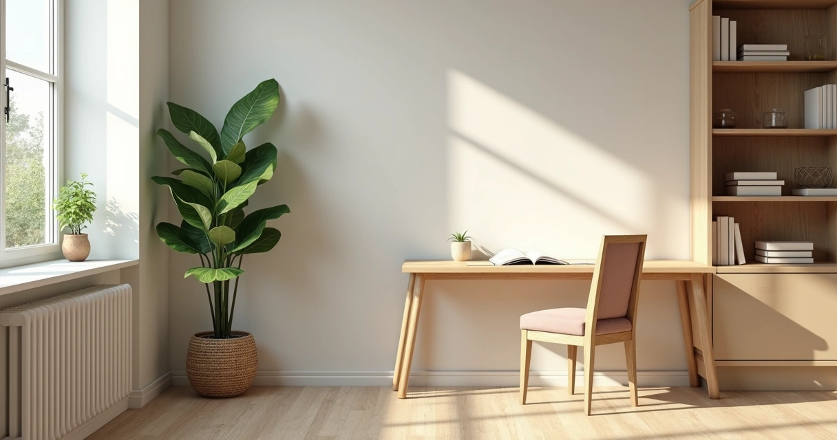 Ambiente de trabalho calmo com planta e cadeira confortável