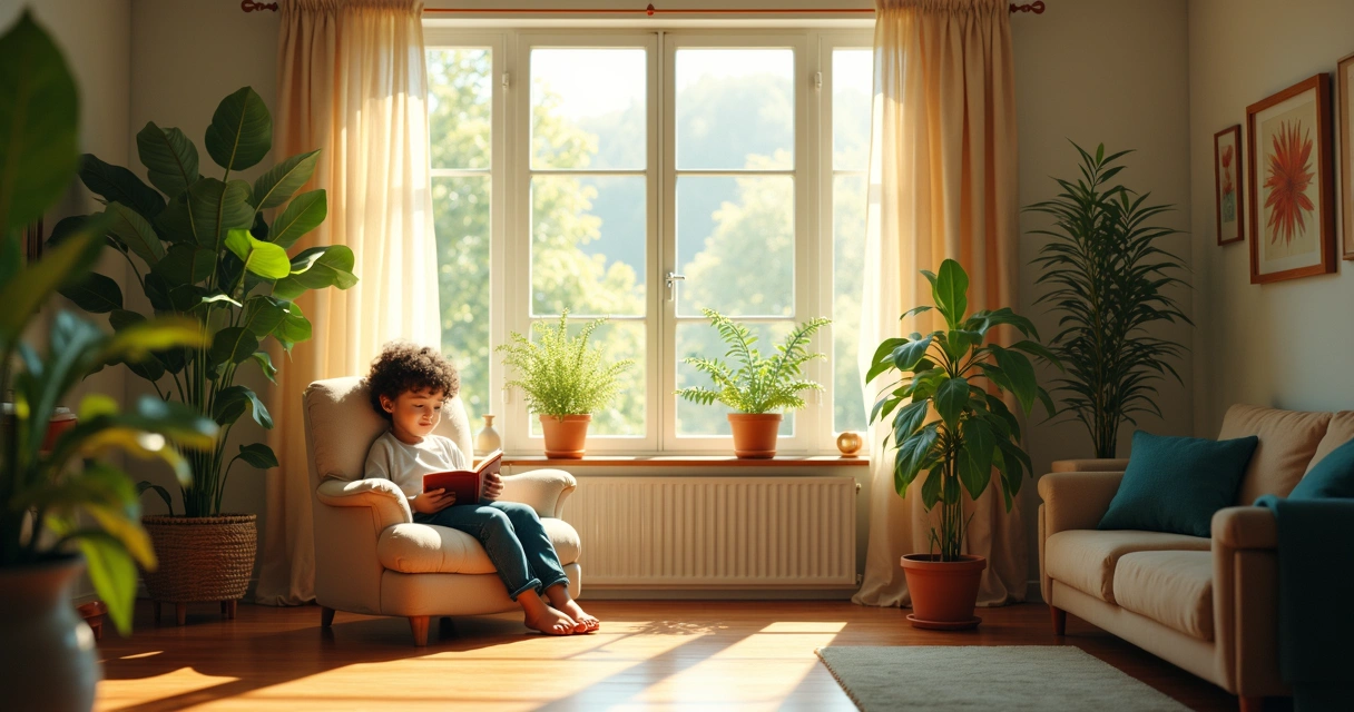 Sala iluminada com plantas onde uma pessoa lê tranquila