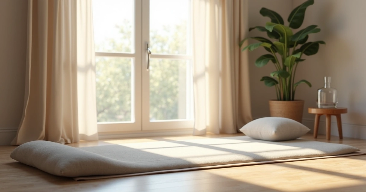 Ambiente calmo com tapete, almofada e luz suave para prática de respiração 