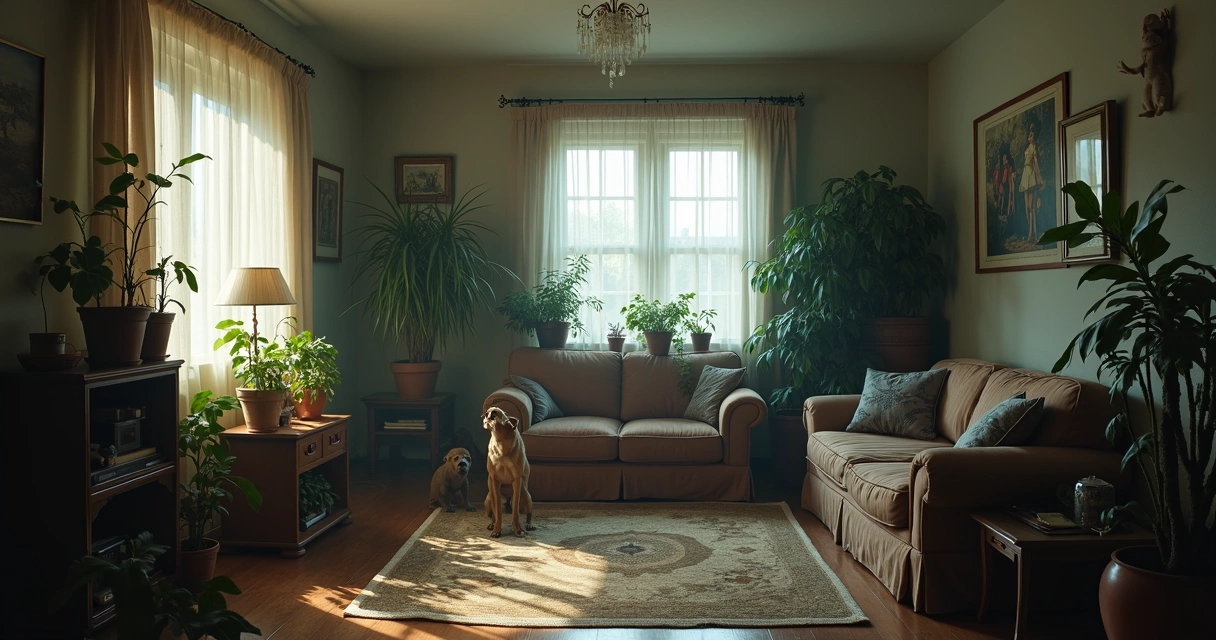 Sala de estar com ar pesado e plantas murchas 