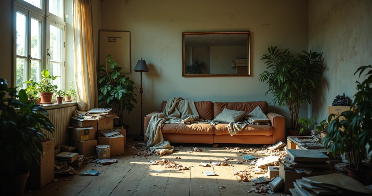 Sala de estar com pouca luz, plantas murchas e objetos acumulados 
