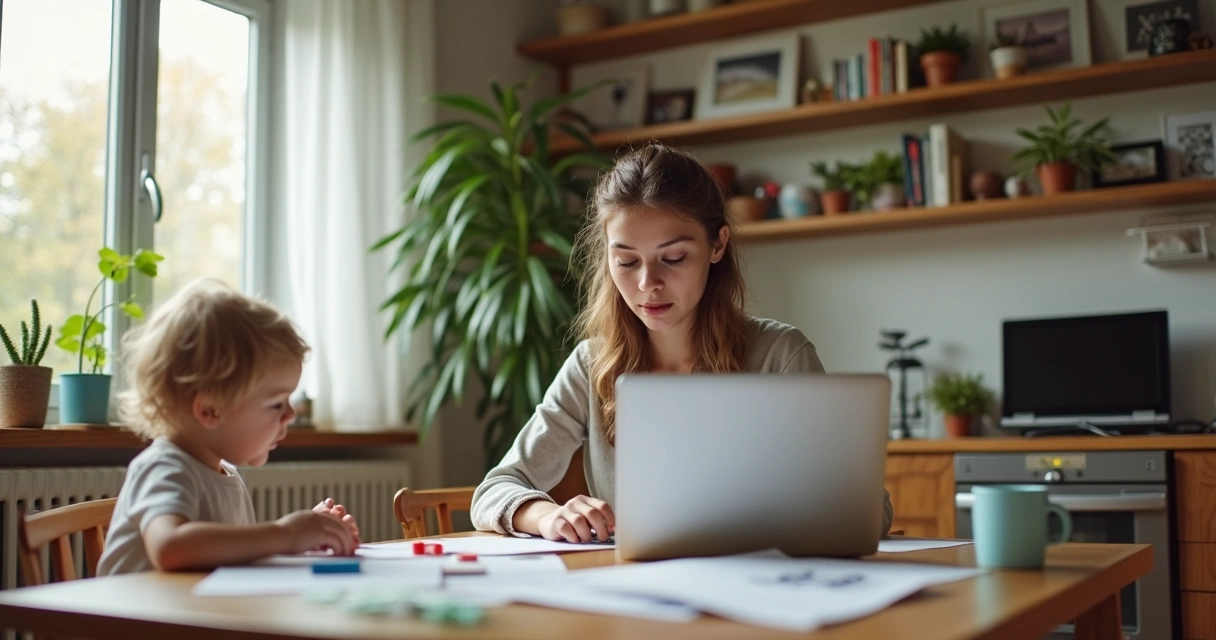 Ambiente doméstico com vários itens pessoais e criança brincando próximo a adulto trabalhando em notebook. 