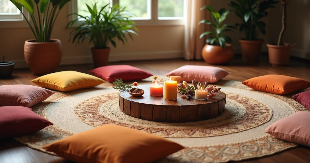 Sala com almofadas e flores em círculo no chão 