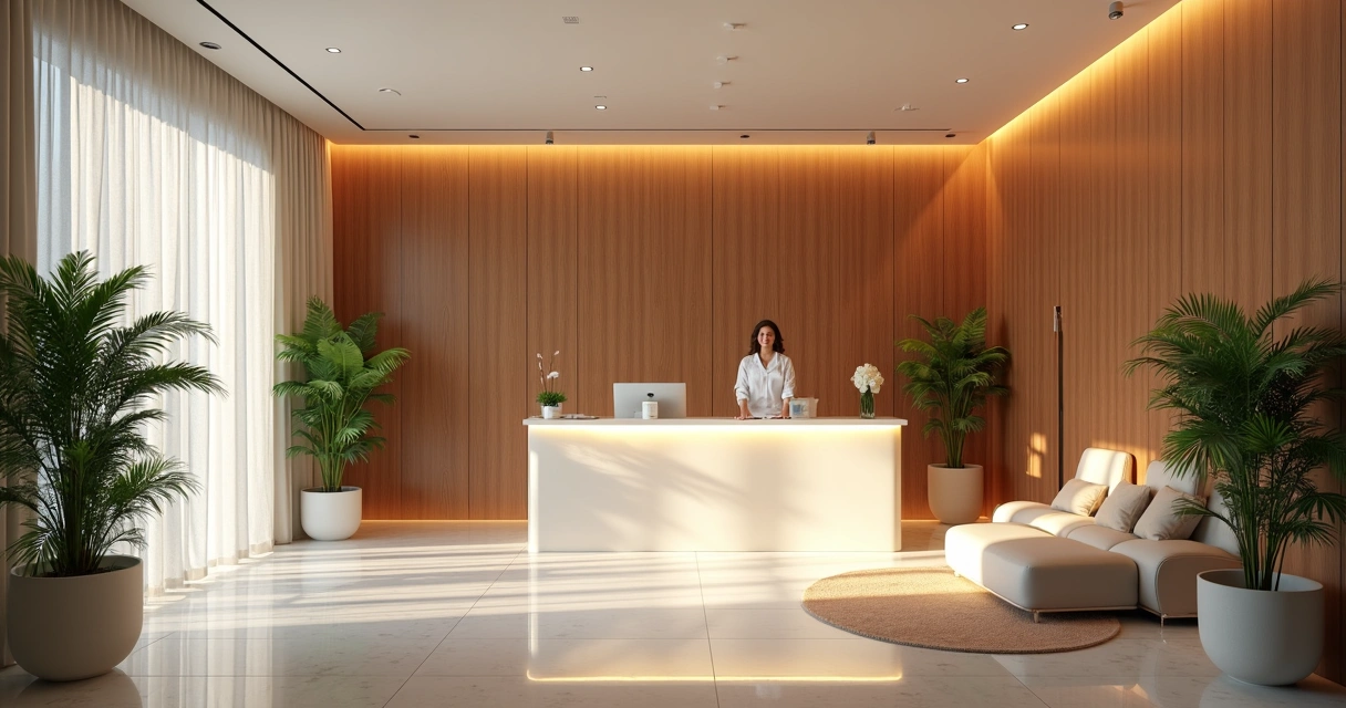 Recepção de clínica de estética moderna com iluminação suave e decoração acolhedora 