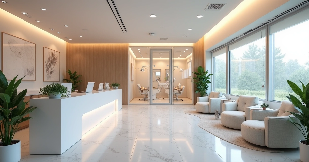 Consultório odontológico dividido em recepção, sala de espera e consultórios, com móveis claros e plantas 