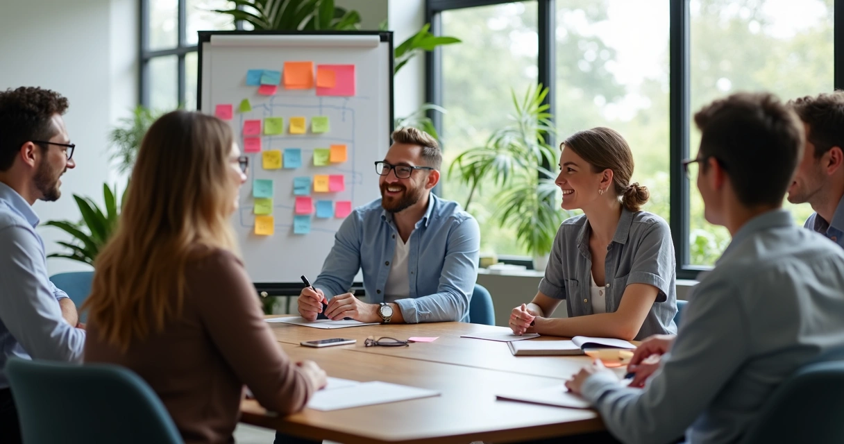Ambiente colaborativo com funcionários debatendo ideias em sala de reunião 
