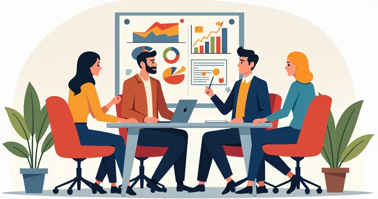 Equipe contábil reunida em brainstorm, papéis coloridos e gráficos na parede. 