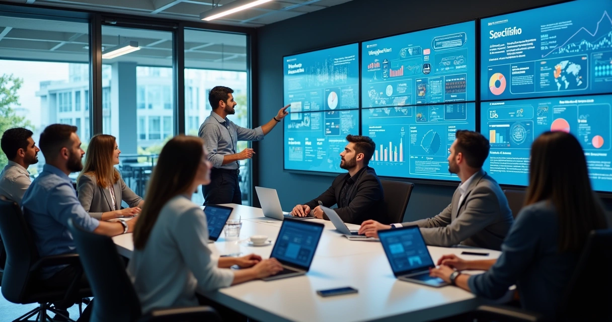 Colaboradores de várias áreas interagindo com painéis digitais integrados