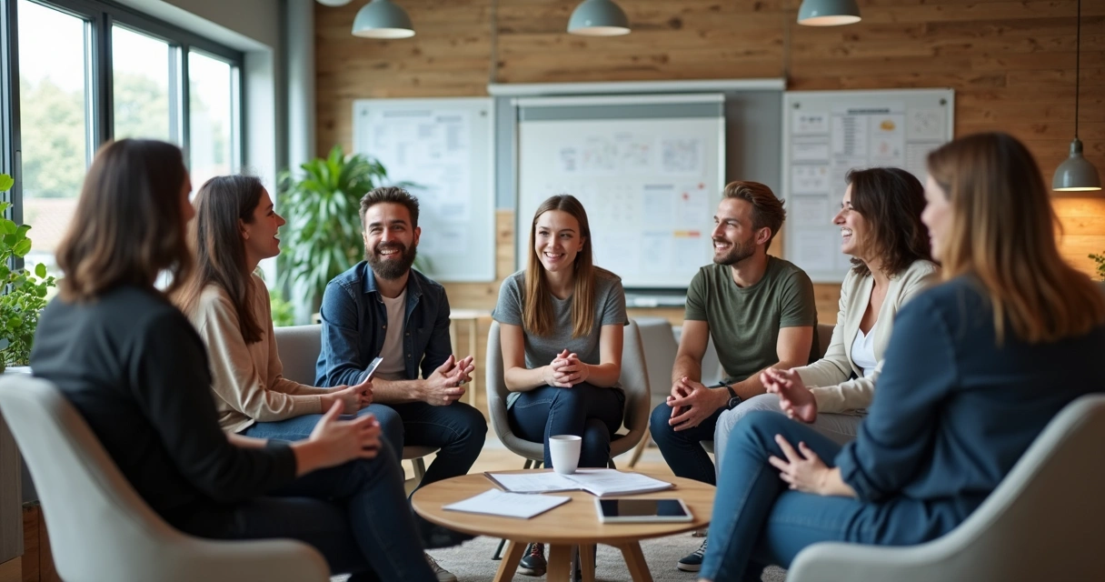 Equipe diversa em roda conversando de forma descontraída