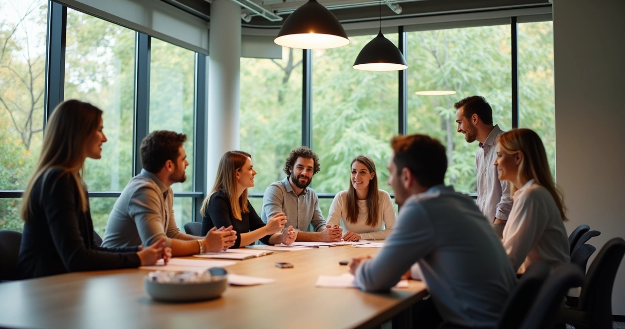 Equipe diversa em reunião trocando ideias em ambiente moderno