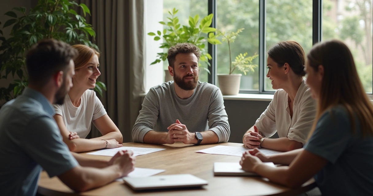 Mesa de reunião com ambiente acolhedor e colaboradores atentos 