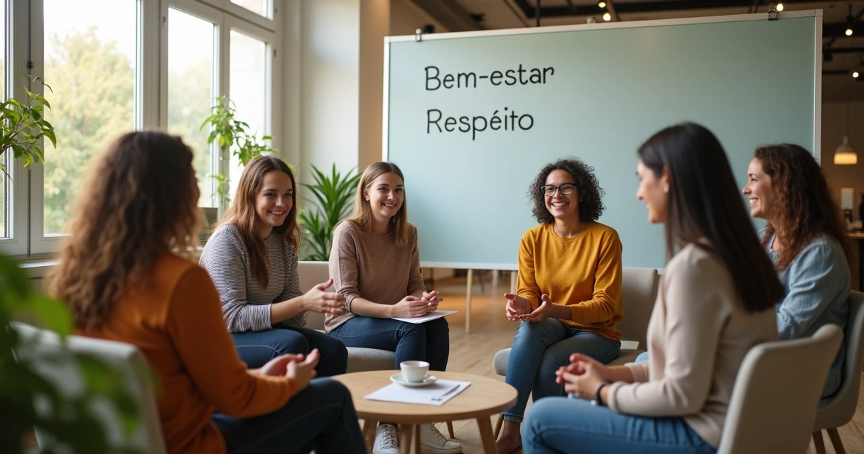 Pessoas em uma roda colaborando, demonstrando apoio e leveza 